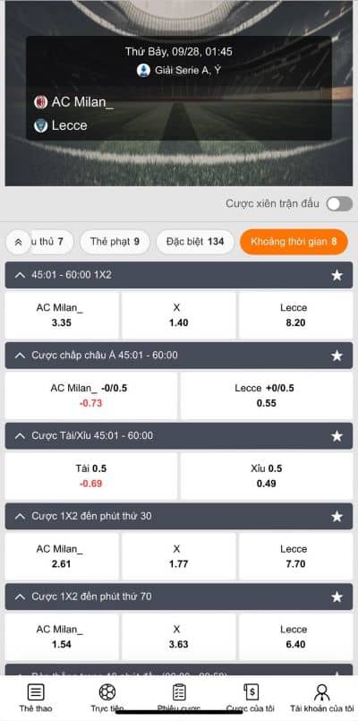 Chọn trận đấu và loại kèo rung Chọn trận đấu và loại kèo rung